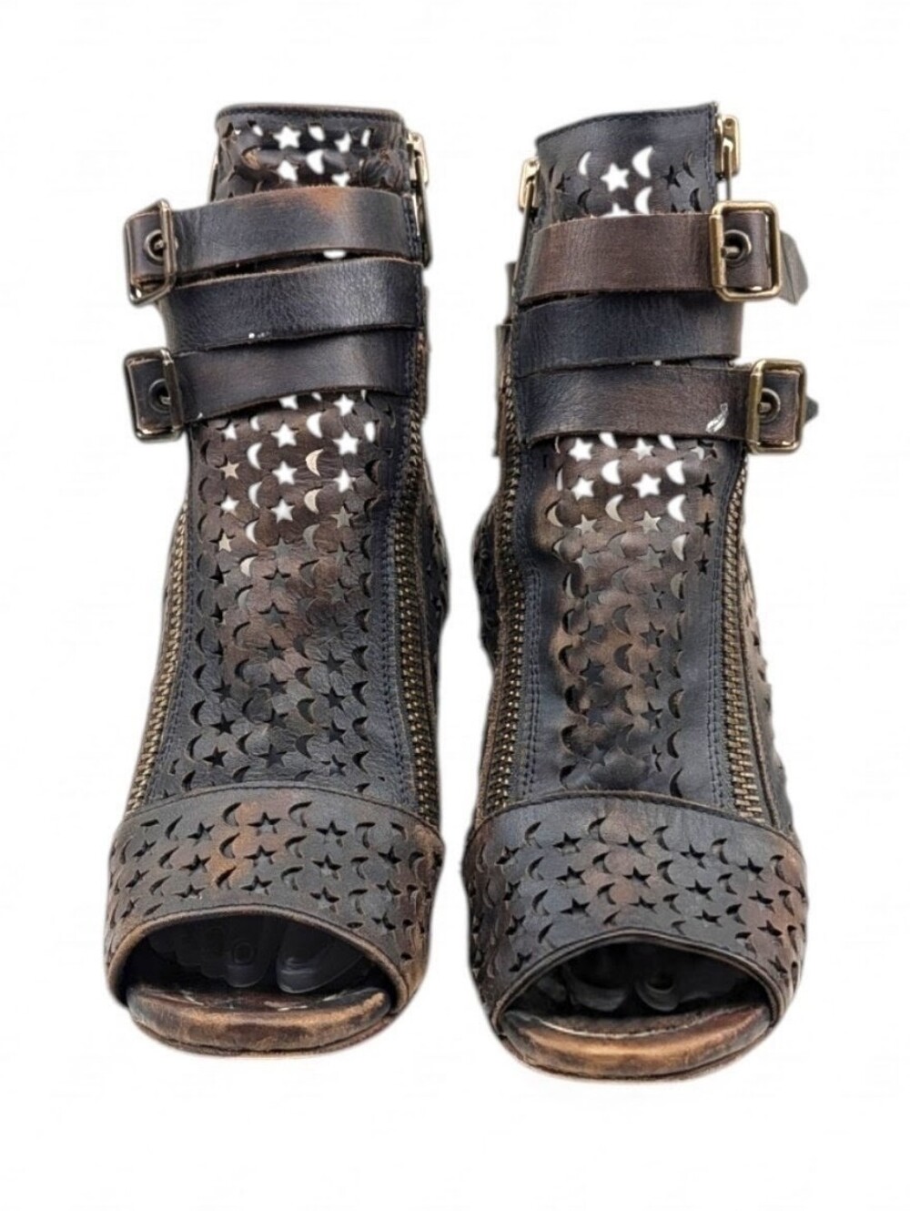 Freebird Theresa Distressed Leather Cutout Peep Toe Block Heel Booties Size 8 - Picture 11 of 12